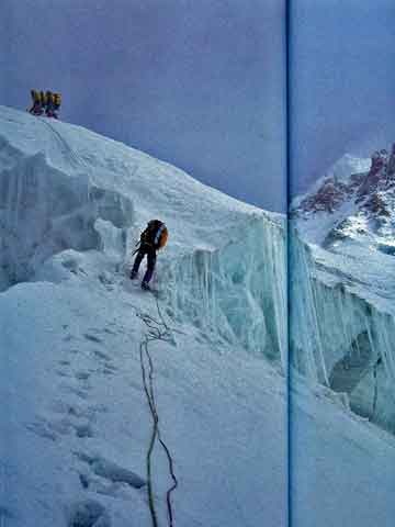 
Marc Twight took this photo of Barry Blanchard, Ward Robonson, and Kevin Doyle rappelling down Nanga Parbat Rupal Face At 7850m in a storm in 1988 - Peaks Of Glory book
